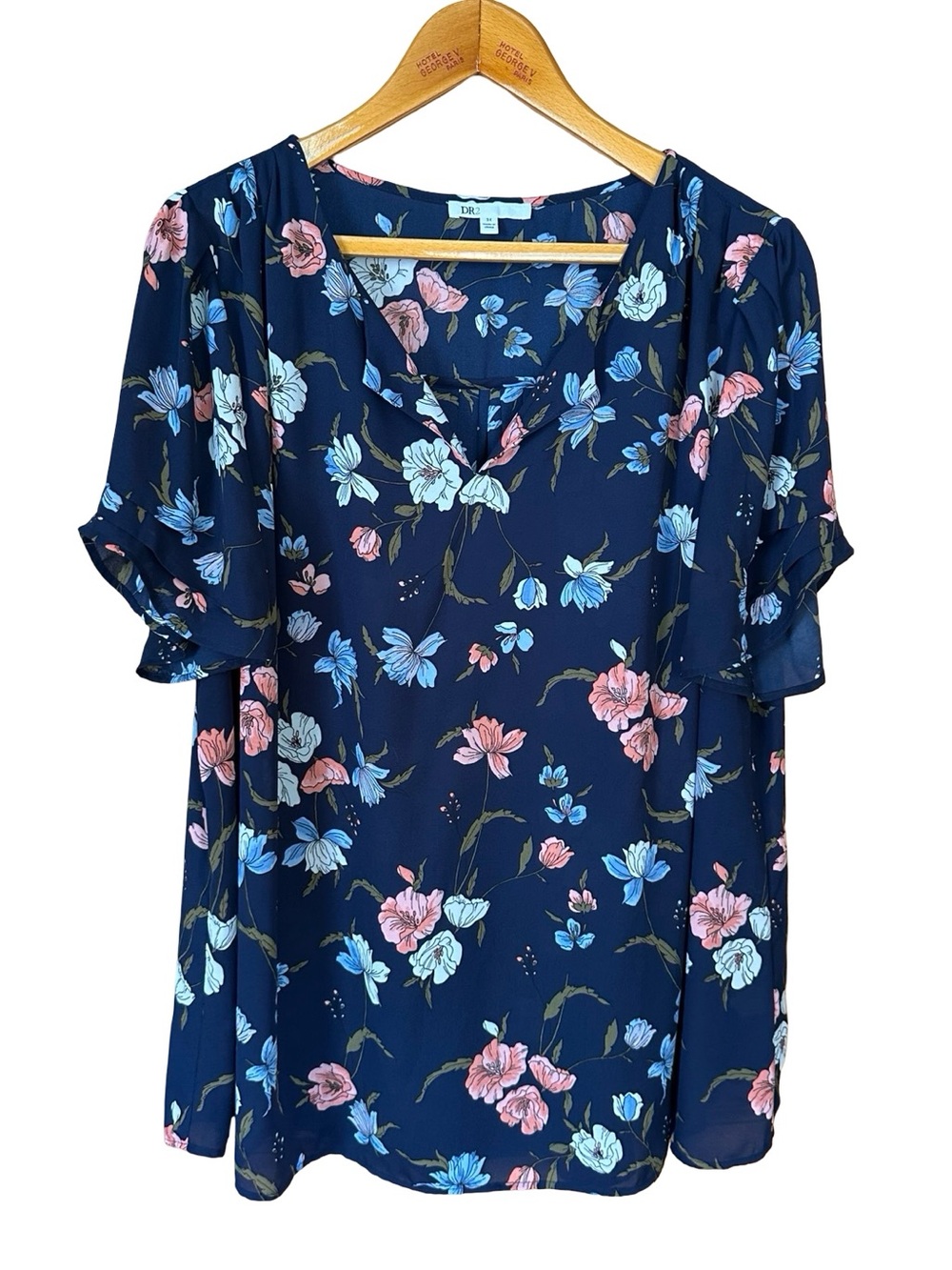 DR2 Blue Floral Split Neck Short Sleeved Blouse 3X